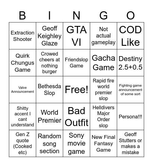 Gameslop 2026 Bingo Card