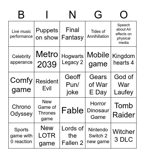 Gamescom 2026 Bingo Card