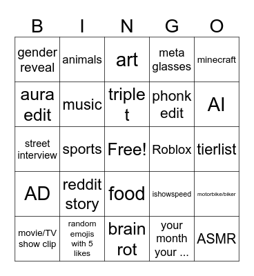 YT SHORTS Bingo Card