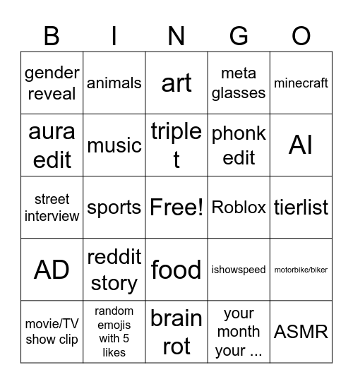 YT SHORTS Bingo Card