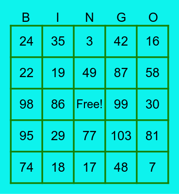 Number 1-100 Bingo Card