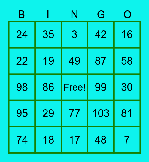 Number 1-100 Bingo Card
