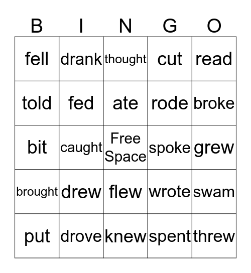 Irregular Past Tense Verb Bingo Card