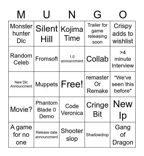 Gamescum 2026 Bingo Card