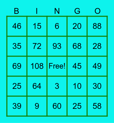 Number 1-100 Bingo Card