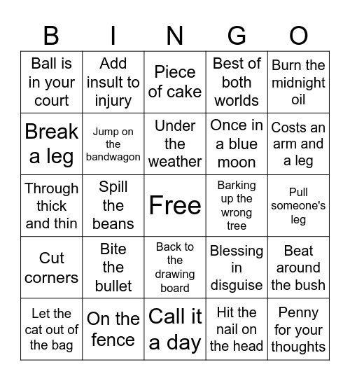 Idioms Bingo Card