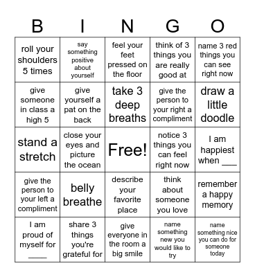 Mindfulness Bingo Card