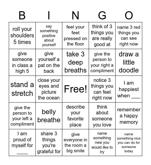 Mindfulness Bingo Card