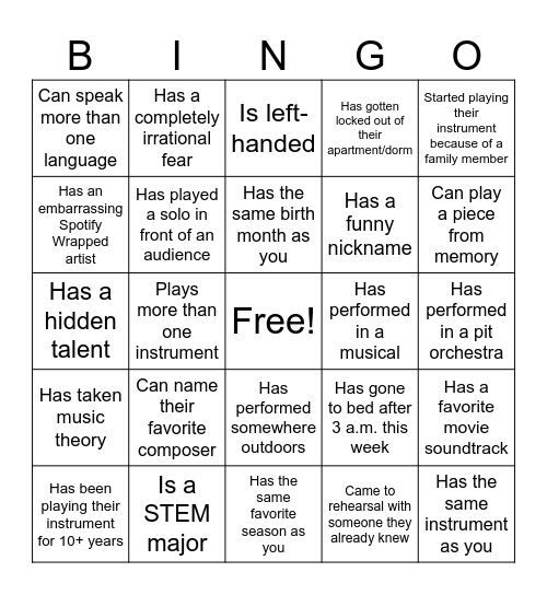 Open Rehearsal Bingo! Bingo Card