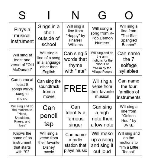 SINGO - Find someone who... Bingo Card