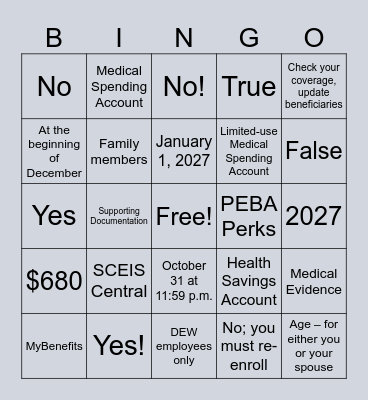Open Enrollment Bingo Card