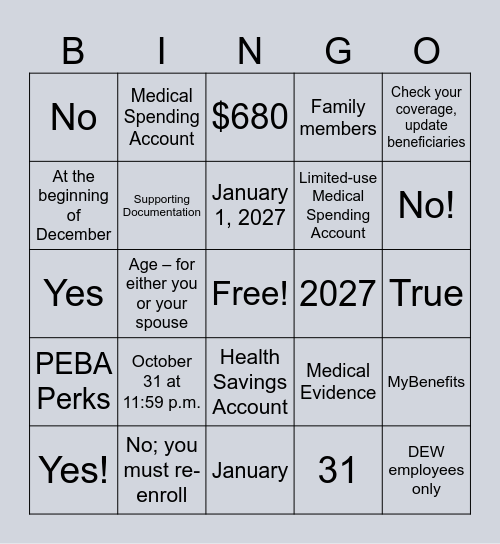 Open Enrollment Bingo Card