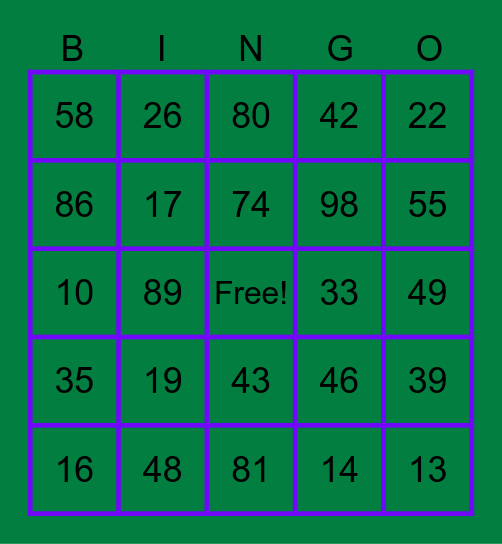 Number Recognition 1-100 Bingo Card