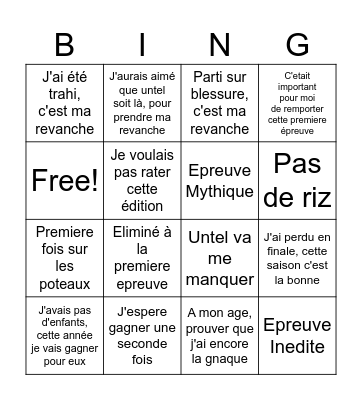 Bingo Premiere Koh-Lanta All Stars 2026 Bingo Card