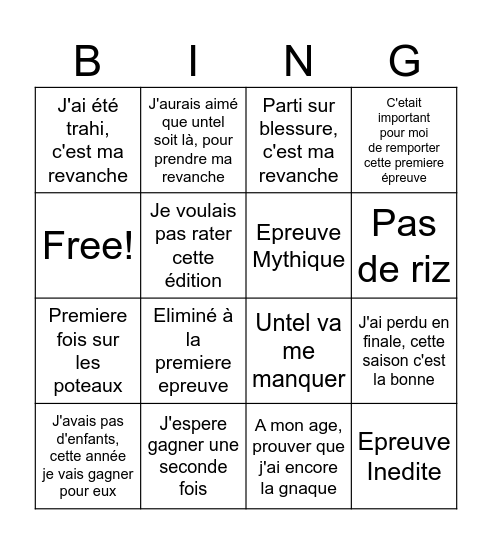 Bingo Premiere Koh-Lanta All Stars 2026 Bingo Card