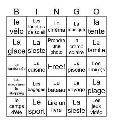 Mon été Bingo Card