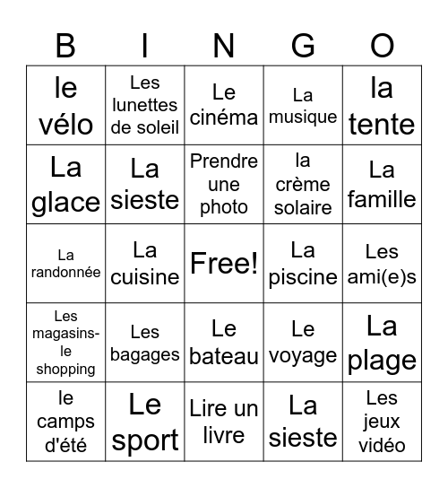 Mon été Bingo Card