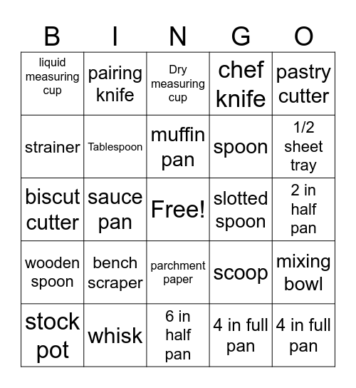 Equipment Bingo Card