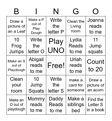 Prek Bingo 1 Bingo Card