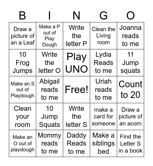 Prek Bingo 1 Bingo Card
