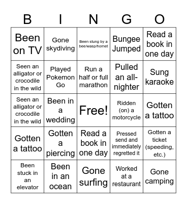 never have I ever Bingo Card