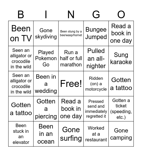 never have I ever Bingo Card