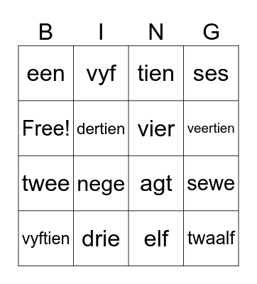 Getalname Bingo Card