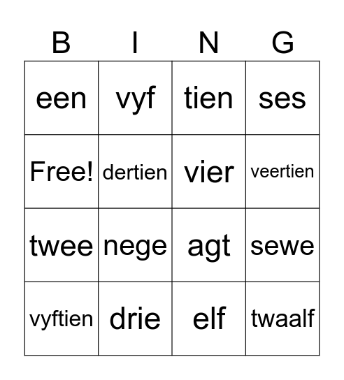 Getalname Bingo Card