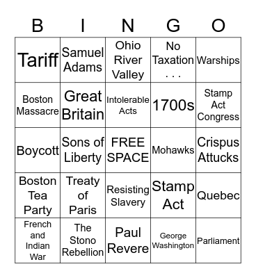 Slavery Resistance/French&Indian War Test Review  Bingo Card