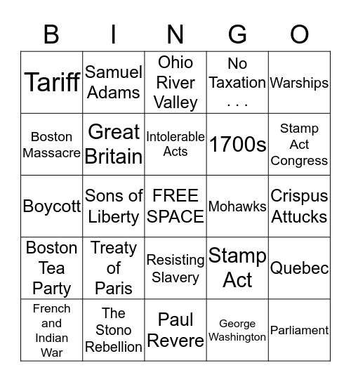 Slavery Resistance/French&Indian War Test Review  Bingo Card