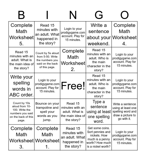 Homework Bingo- Group 2 (2/27) Bingo Card