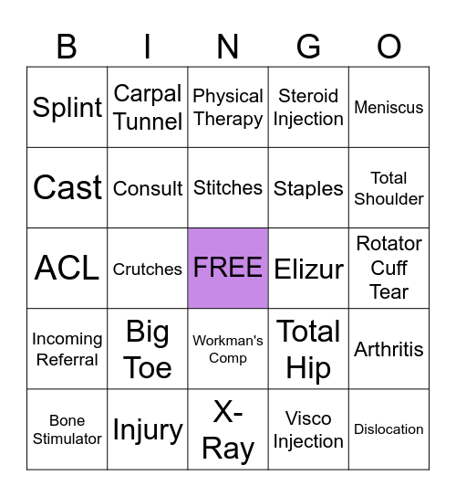 ORTHOPEDICS Bingo Card