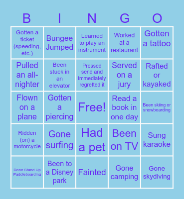 Never Have I ever Bingo Card