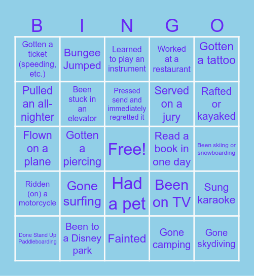 Never Have I ever Bingo Card