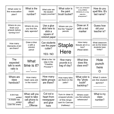 ART ROOM Scavenger Hunt BLACKOUT Bingo Card