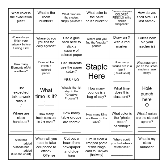 ART ROOM Scavenger Hunt BLACKOUT Bingo Card