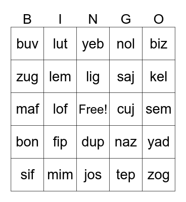 Nonsense Words Bingo Card
