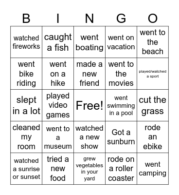 What Did You Do This Summer Bingo Card