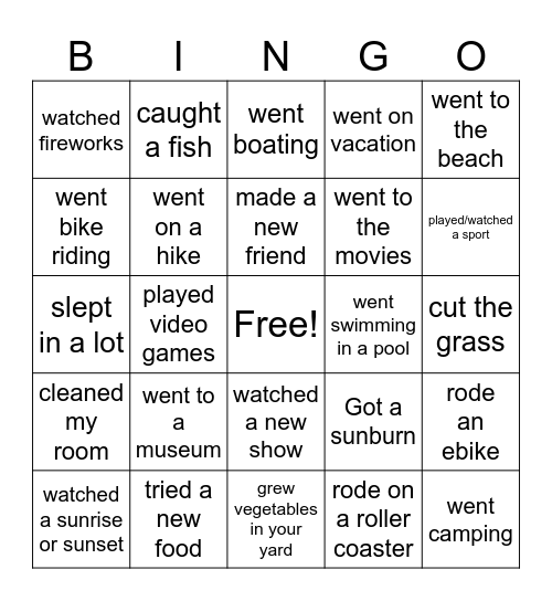 What Did You Do This Summer Bingo Card