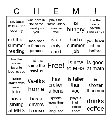 Find a Classmate Who... Bingo Card