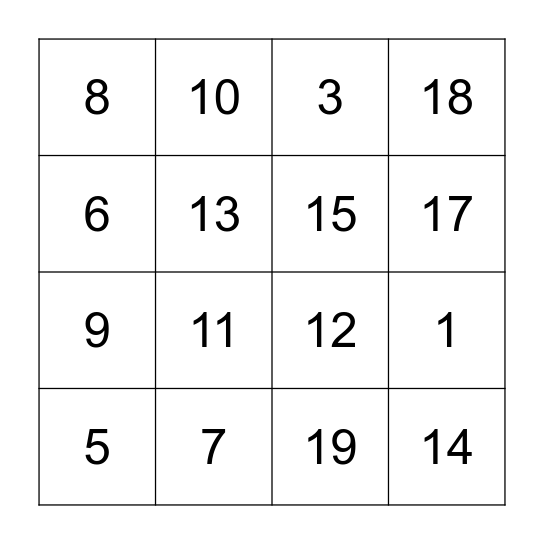 Addition Bingo Card