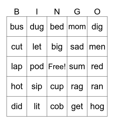 CVC Words Bingo Card