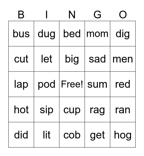 CVC Words Bingo Card