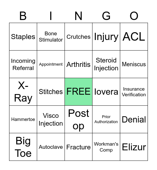ORTHOPEDICS Bingo Card