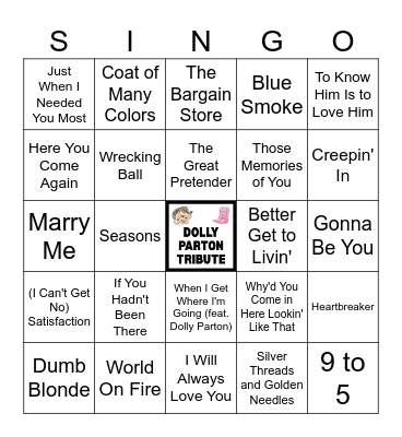 Dolly Parton Tribute - Music Bingo (50 songs) Bingo Card