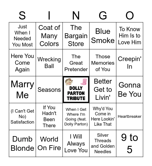 Dolly Parton Tribute - Music Bingo (50 songs) Bingo Card