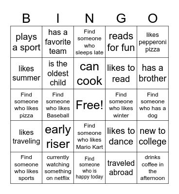 First Day Bingo Card