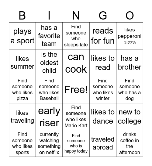 First Day Bingo Card