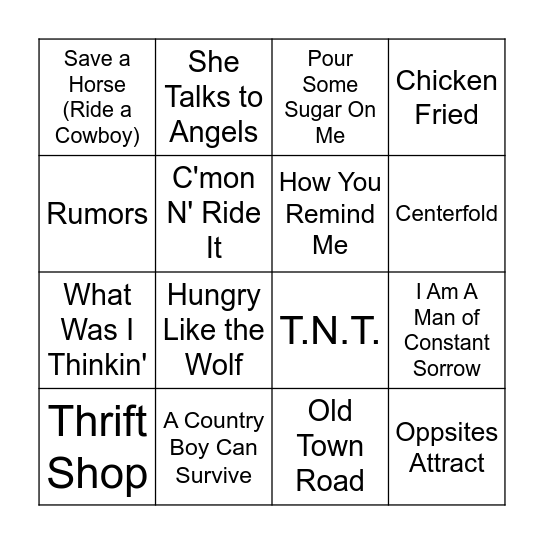 Chris' Rock & Country Bingo Card