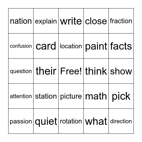 Station Rotation Bingo Card